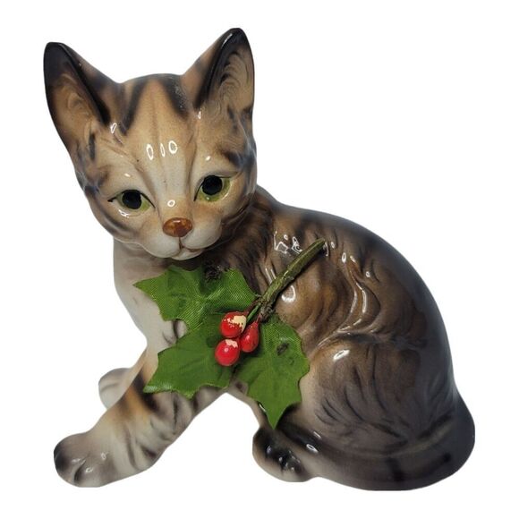 Enesco Christmas Brown Cat Kitten Vintage Retro Statue Figure - Picture 1 of 9
